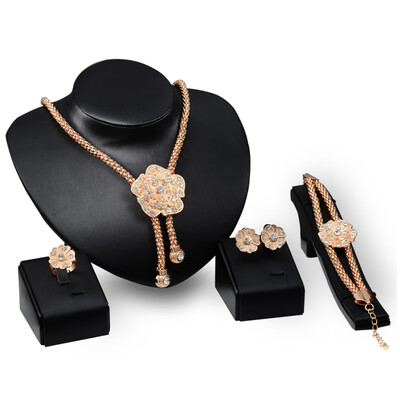 

Fashion Alloy Jewelry Set Flower Dangle Rhinestone Necklace Earrings Ring Bracelet Dress Accessory for Bridal