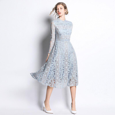 

M L XL XXL elegant new spring 2019 long lace dress women long sleeve red blue vintage slim A line mid calf lady