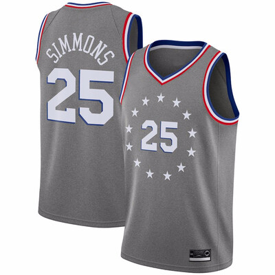 

2019 New Mens Philadelphia 76ers 25 Ben Simmons Red White Gray Blue Basketball Jersey Size -XXL