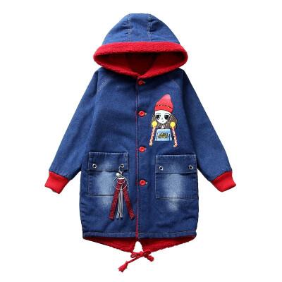 

Girls Winter Warm Red Fleece Linner Long Sleeve Denim Trench Coats for Kids Cartoon Girl Pattern Outwear Tops Clothing