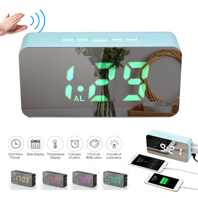

Digital Colorful RGB LED Mirror Alarm Clock USBBattery Powered Desktop Thermometer Clock with Adjustable Luminance 3 Alarms Snooz