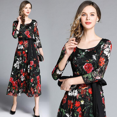 

S M L XL XXL elegant new spring 2019 lace long dress women 34 sleeve black flower printed mid calf slim A line lady with belt