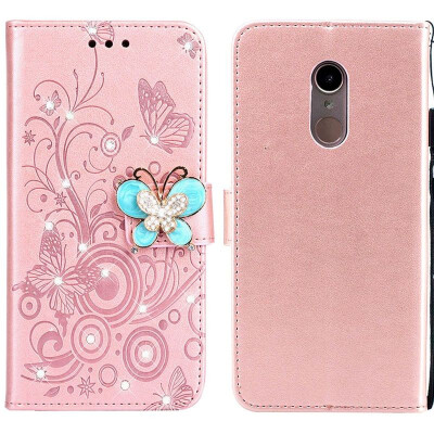 

MOONCASE Millet Red Rice 5 Butterfly Rhinestone Embossed Leather Case - Rose Gold