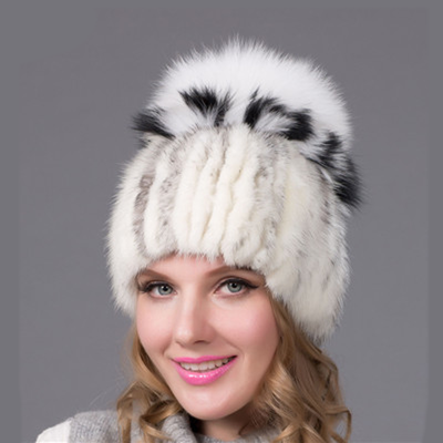 

women knitted Mink Fur Hat styles female fur Cap with fox fur pompom lining Women Winter Headwear girls hats for beanies