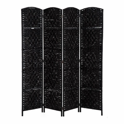 

6 Tall Wicker Weave Four Panel Room Divider Privacy Screen - Black Wood