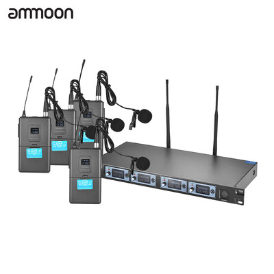 

ammoon 4S Professional 4 Channel UHF Wireless Lavalier Lapel Collar Clip-on Microphone System 4 Mics 1 Wireless Receiver 635mm Au