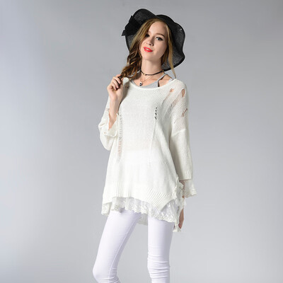 

PREISEI Spring Autumn Women Sexy Casual Solid Hollow Out Flare Sleeve O-Neck Cotton Knitted Sweater Pullover Mujer