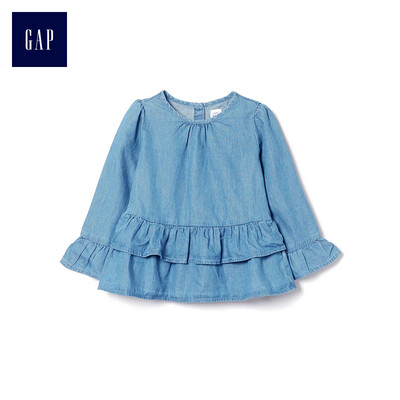 

GAP flagship store female young youth cloth round neck ruffled long-sleeved shirt 399154 moderate wash 2YRS