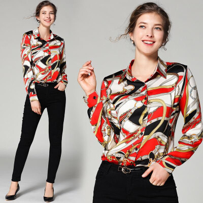 

M L XL XXL vintage new spring 2019 women blouse shirt long sleeve white red print office top lady