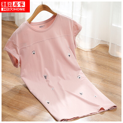 

Red bean home counter with the same lady nightdress cotton ammonia cartoon embroidery casual short-sleeved pajamas home service 388 bean powder 17092A