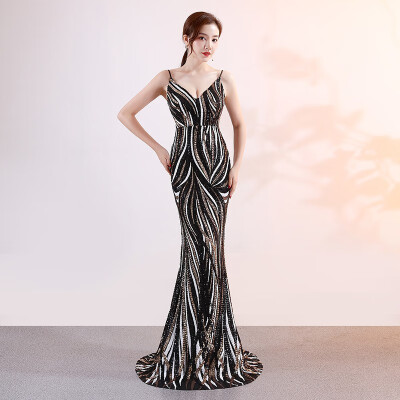 

Noble Sequin Stripe Mermaid Evening Dress Contrast Color Shining V Neck Long Slim Party Evening Dresses