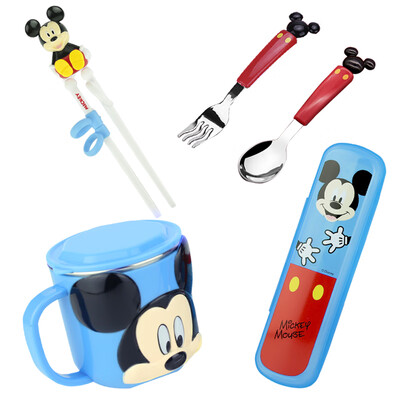 

Disney childrens tableware baby with lid single handle water cup chopsticks spoon fork portable box set combination 5 sets Mickey