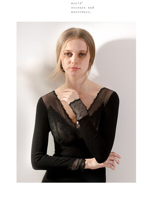 

Sexy lace V-neck double thermal underwear women Autumn bottoming shirt wearing body slim long-sleeved autumn clothes