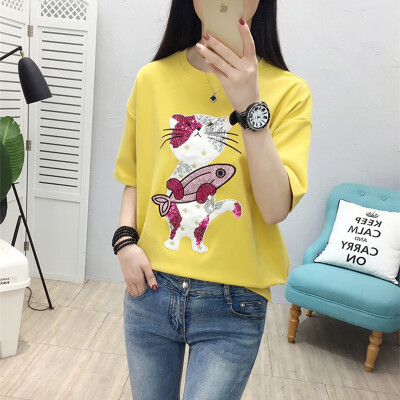 

JOY OF JOY Jingdong Womens 2019 Summer New Casual Ins Half Sleeve T-Shirt Womens Round Collar Bottom Shirt Loose Top Women JWTD191869 Yellow