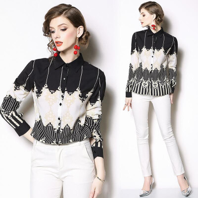 

S M L XL XXL vintage new spring 2019 women blouse shirt long sleeve black white digital print office top lady