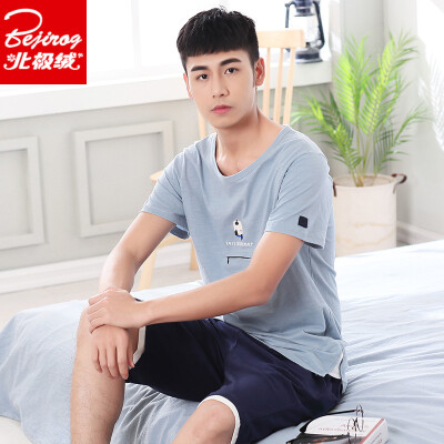 

Arctic velvet cotton pajamas mens summer short-sleeved pajamas mens suit thin section cotton spring&summer Korean home service large size set 4673 gray blue