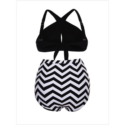 

Tube top sling high waist printed corrugated boxer split swimsuit