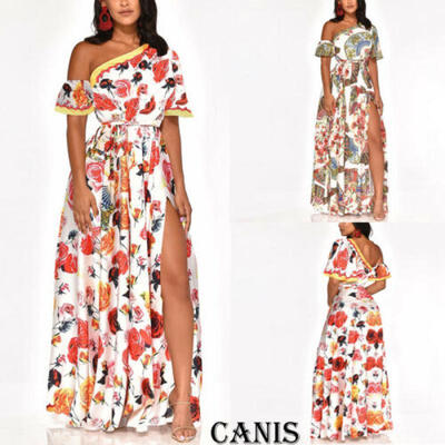 

US New Women Short Sleeve Boho Print Party Casual Maxi Dress Long Dresses Summer
