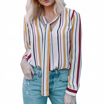 

Womens V-neck long-sleeved tie color striped loose shirt womens