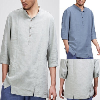 

Men&acutes New Casual Linen Breathable Solid Shirts Men Pullover Clothing T-Shirt