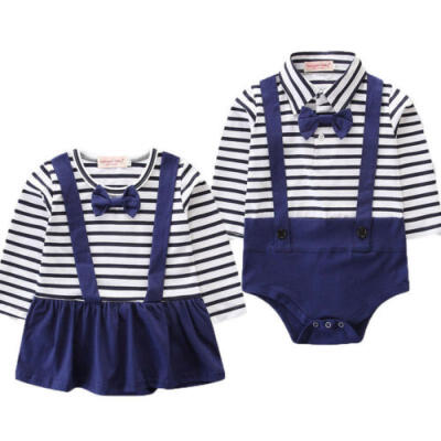 

Twins Baby Girl Boy Navy Stripe Bowknot Romper Bodysuit Jumpsuit Outfit Clothes