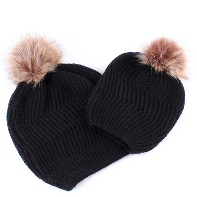 

Mother Baby Family Matching Hat Winter Knit Beanie Fur Pom Hat Crochet Ski Cap