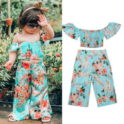 

Toddler Baby Girl Floral Clothes Off Shoulder Crop Top Wide Pants Summer Outfit