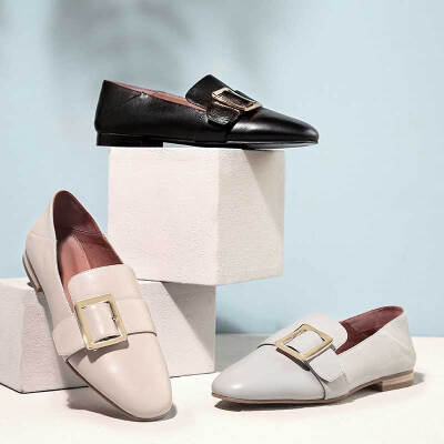 

Beijing Tokyo single shoes women casual loafers women two wear stepping a pedal flat with round head buckle leather blue gray 37