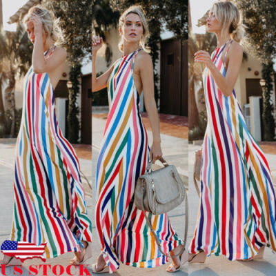 

US Womens Boho Halterneck Long Maxi Dress Cocktail Party Summer Beach Sundress