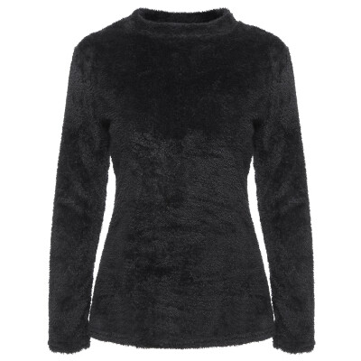 

New Women Long Sleeve Fluffy Sweater Warm High Neck Jumper Pullover Crop Top