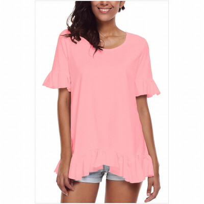 

Round neck short-sleeved ruffled hem trimmed solid color straight top casual top