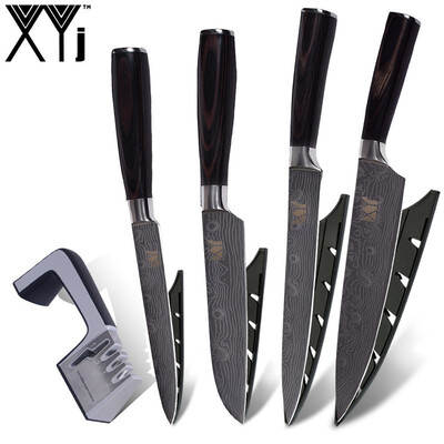 

XYj Stainless Steel Kitchen Knife Damascus Veins Blade Kitchen Knife Set With Knife Sharpener 5 piece set