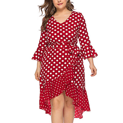 

Plus Size Dress V Neck Flare Sleeve Flounce Asymmetric Hem Bowknot Belt