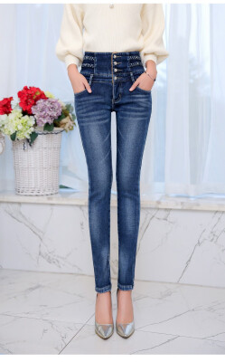 

Fleece&thick jeans womens stretch to show thin feet pencil pants Korean version of a large size with high waist belly pants