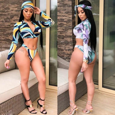 

Fashion Women Long Sleeve Zipper Tankinis Swimsuit Bikini Swimwear 3Pcs Set S-XL