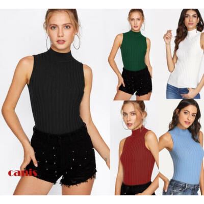 

US Women Casual High Neck Vest Top Sleeveless Slim Blouse Solid Tank Tops