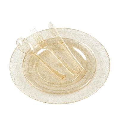 

125 Pcs Golden Plastic Plates with Disposable Silverware