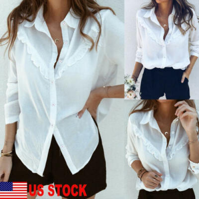 

Fashion Women Ladies Long Sleeve Blouse Summer V Neck Casual Loose Shirt Tops