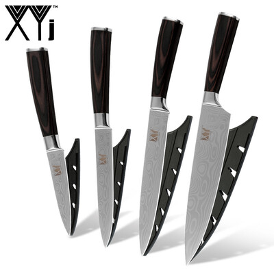 

XYj Kitchen Knife Beauty Pattern Blade Color Wood Handle Stainless Steel Knife 4 Piece Set