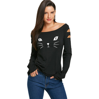 

Cat Face Print Long Sleeve Ripped T-shirt