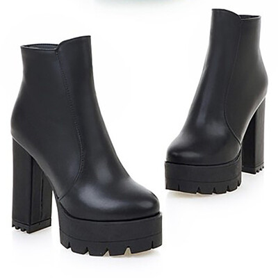 

IDIFU Womens Trendy Plain Round Toe Platform Short Boots Side Zipper Block High Heel Ankle Booties