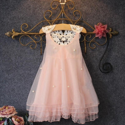 

Baby Girls Princess Party Dress Pearl Lace Flower Casual Dress Sundress 2-8Y