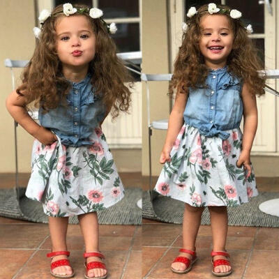 

Flowers Newborn Kids Baby Girls Denim Shirt Sleeveless Dress Sundress Clothes