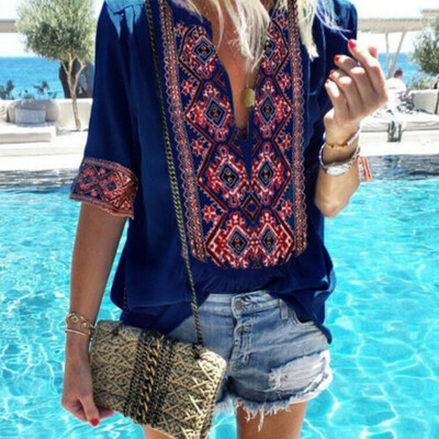 

Summer Women T-Shirt Boho Print Tee Deep V-Neck Long Sleeve Shirts Top Blouse