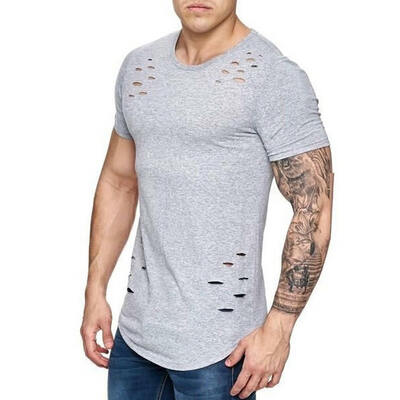 

Mens Slim Fit O Neck Short Sleeve Muscle Tee T-shirt Ripped Casual Tops Blouse