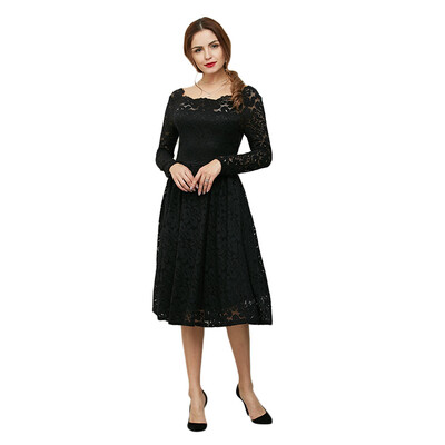 

Elegant Long Sleeve Slash Neck Hollow Out Lace Dress for Women