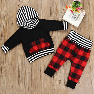

2Pcs Toddler Baby Boy Girl Striped Pocket Hoodie Tops Pants Outfits Set Clothes