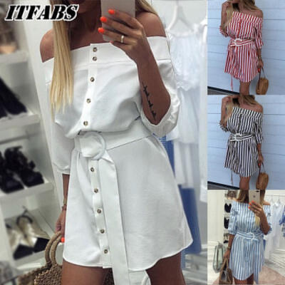 

Women Summer Off Shoulder Stripe Short Mini Dress Cocktail Evening Party dresses