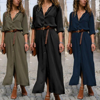 

Womens Sexy Boho Casual Long Sleeve Evening Party Beach Dress Long Button Dress