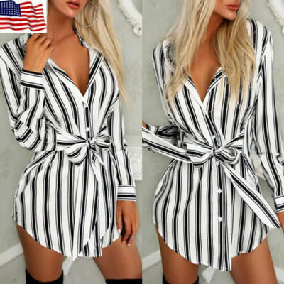 

Womens Stripe Long Tops Tunic Linen Boho Ladies Summer Casual Beach Shirt Dress